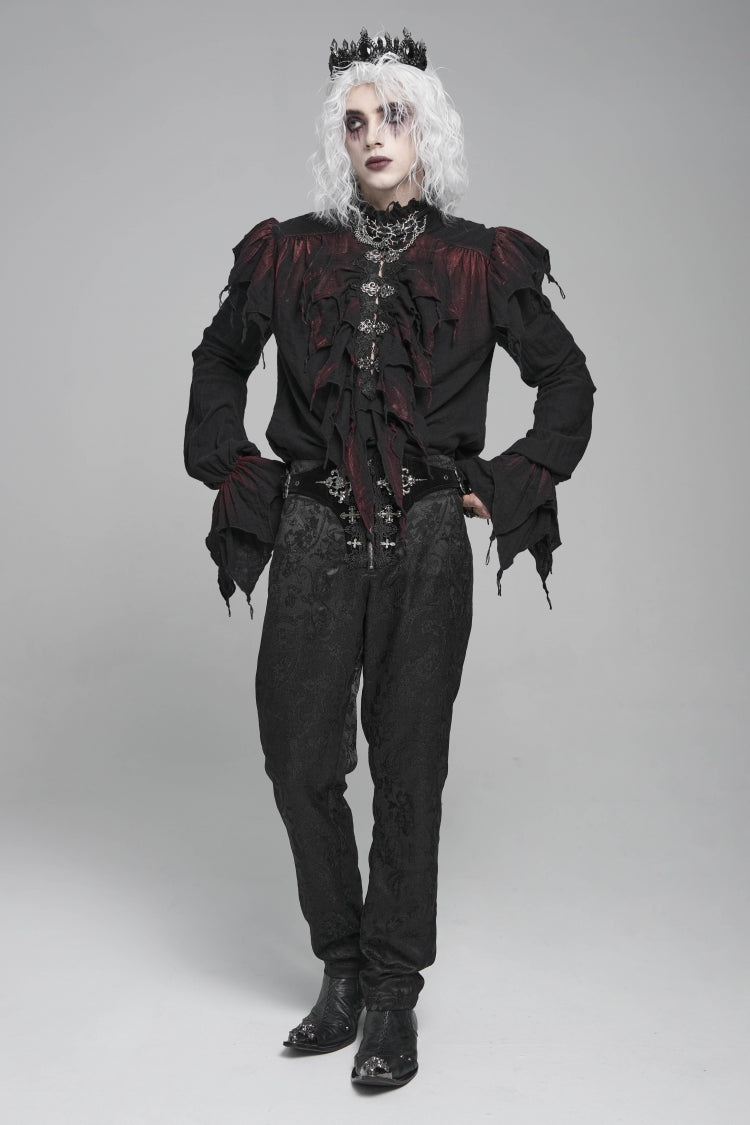 Black/Red Stand Collar Long Sleeves Ruffled Men's Gothic Plunging Shirt - Product - 11