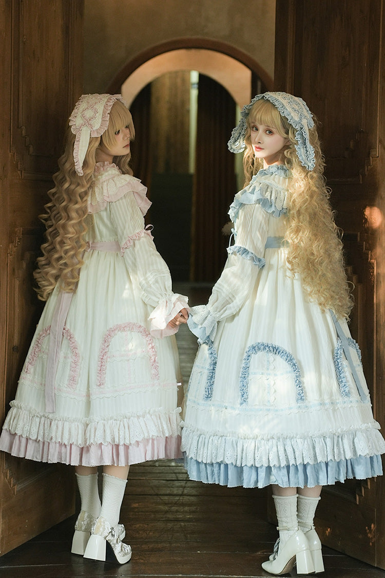 Pink [Twin Lilian] Round Collar Long Sleeves Double-Layered Ruffled Bow Lace-Up Sweet Lolita Dress - Product - 8