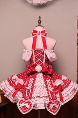 Wine Red Halterneck Short Sleeves Triple-Layered Polka Dot Printed Bow Lace-Up Sweet Lolita Dress - Product - 11