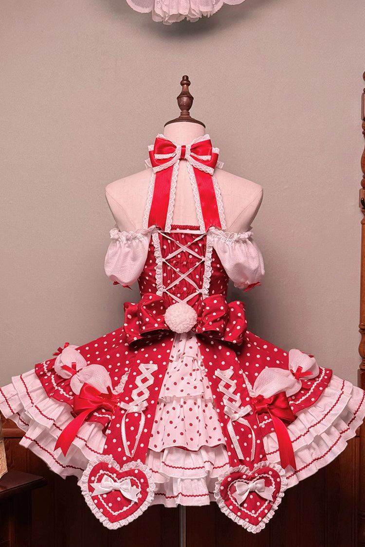 Wine Red Halterneck Short Sleeves Triple-Layered Polka Dot Printed Bow Lace-Up Sweet Lolita Dress - Product - 11