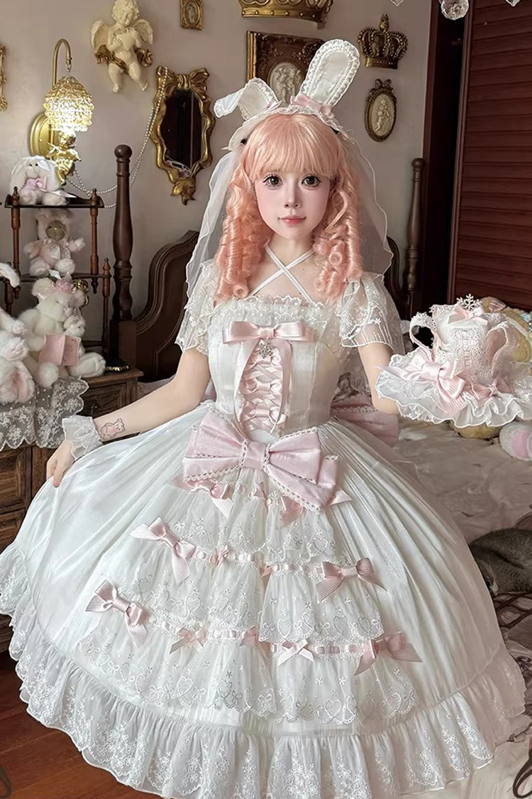 White/Pink [Snow of Love] Ruffled Hanayome Open-Front Bow Lace Sweet Princess Lolita Dress - White/Pink - 1