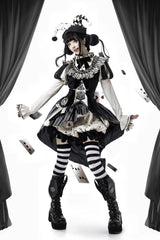 Black [Weird Toy Box] Circus Clown Halloween Print Ruffle Embroidery Asymmetric Gothic Ouji Lolita Full Set - Product - 2