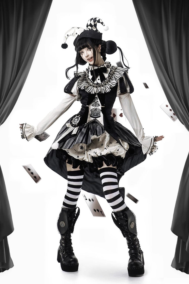 Black [Weird Toy Box] Circus Clown Halloween Print Ruffle Embroidery Asymmetric Gothic Ouji Lolita Full Set - Product - 2