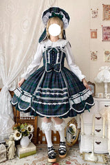 Green [Gingham Petal Bunny] Printed Ruffled Bow Sweet Lolita Jsk Dress - Green - 1