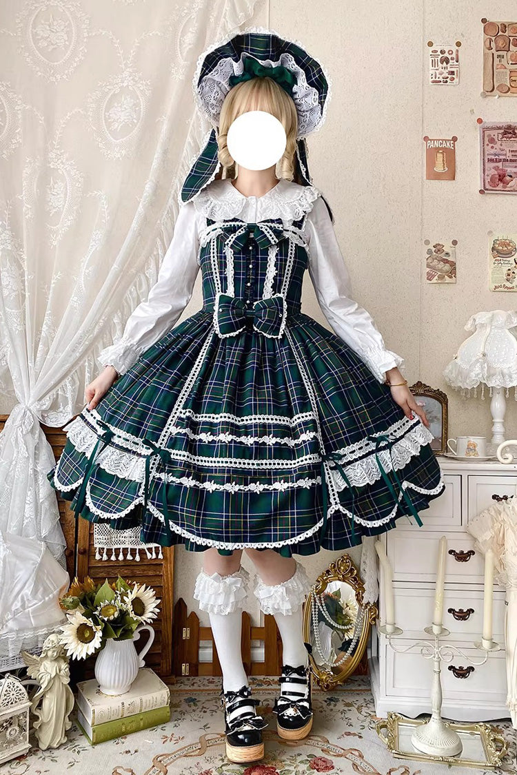 Green [Gingham Petal Bunny] Printed Ruffled Bow Sweet Lolita Jsk Dress - Green - 1