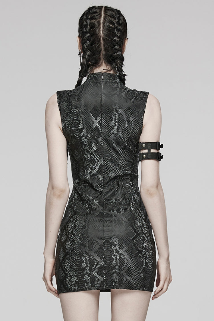 Black Sleeveless Metal Rings Hollow Mesh Women's Steampunk Dress - Product - 3