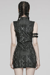 Black Sleeveless Metal Rings Hollow Mesh Women's Steampunk Dress - Product - 3