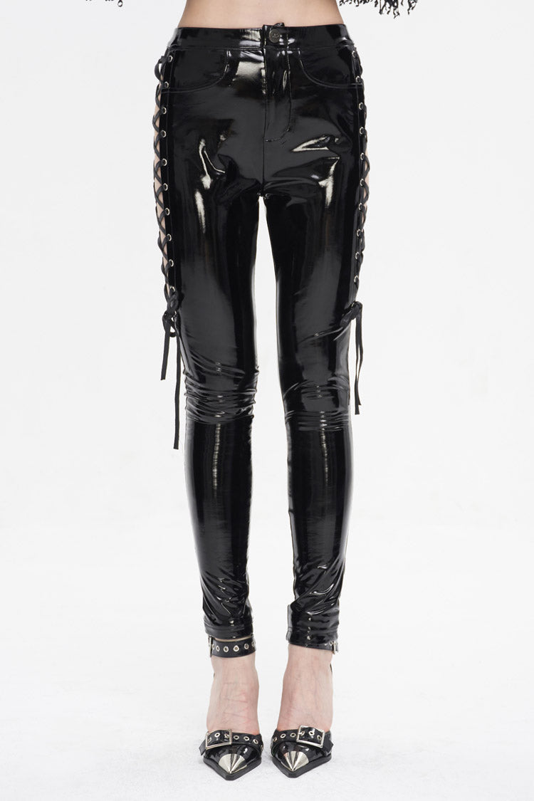 Black Patent Leather Side Cutout Lace Up Women's Punk Pants - Black - 1