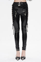 Black Patent Leather Side Cutout Lace Up Women's Punk Pants - Black - 1
