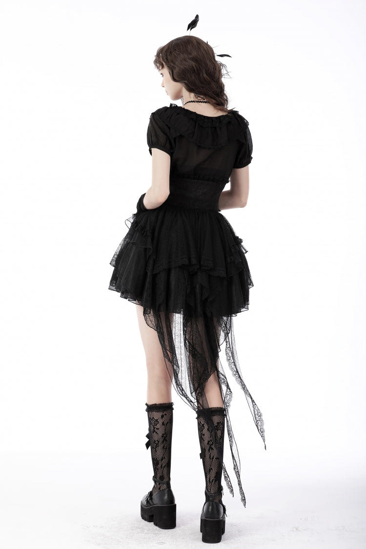 Black Lace-Up Multi-Layered Lace Women's Gothic Fishtail High Low Tunic Skirt - Product - 11