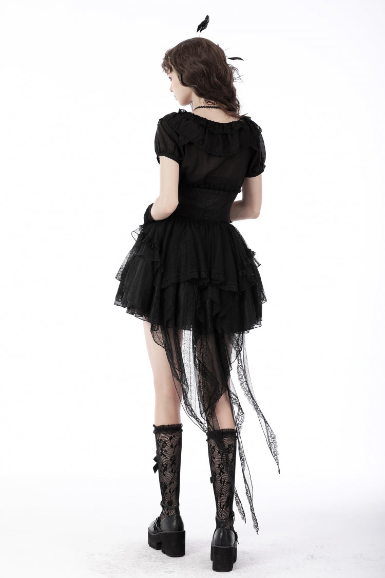 Black Lace-Up Multi-Layered Lace Women's Gothic Fishtail High Low Tunic Skirt - Product - 11