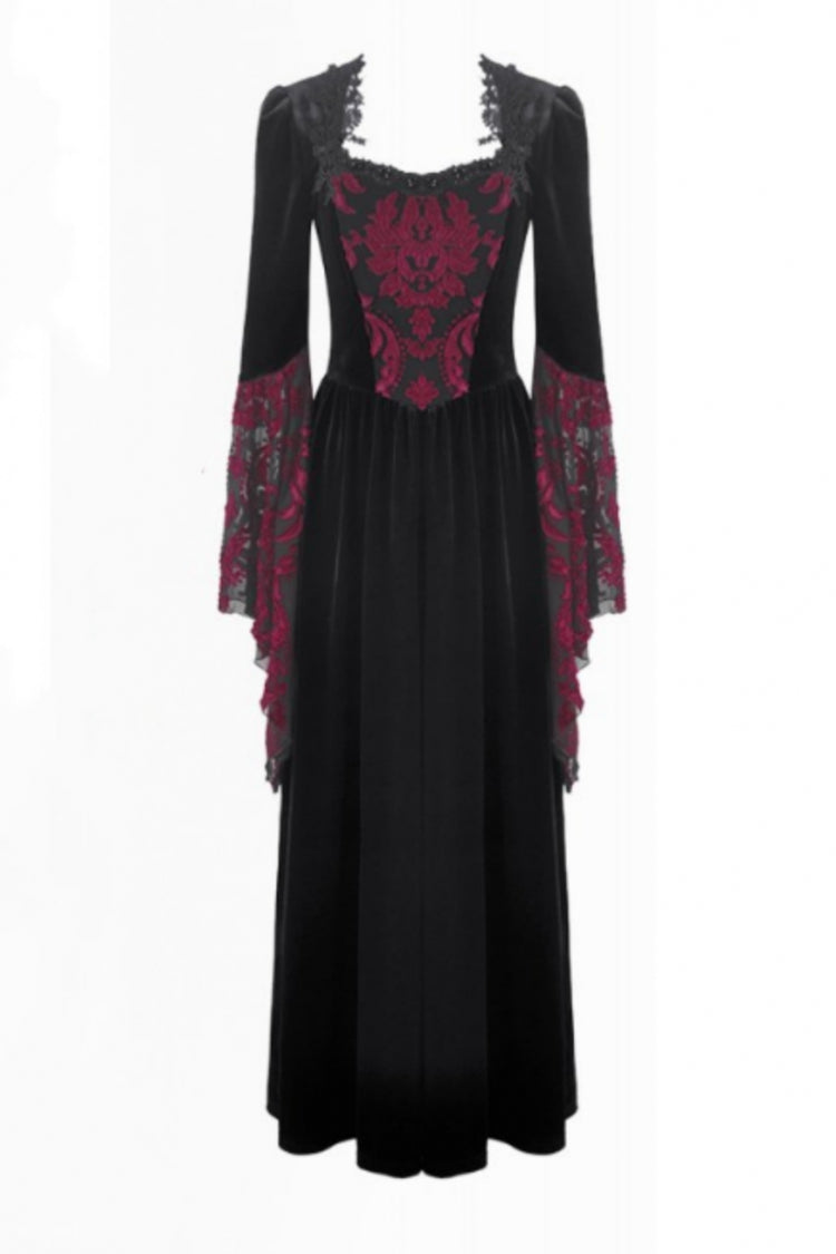 Black/Red Square Collar Long Flare Puff Sleeves Lace Women's Gothic Victorian Velvet Long Dress - Product - 3