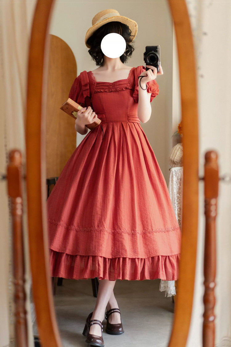 Red [Forest Gallery] Square Collar Short Sleeves Ruffled Bow Classic Vintage Elegant Lolita Dress - Product - 5