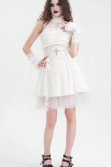 White Cross Halterneck Sleeveless Ruffle Lace Women's Gothic Dress - Product - 4