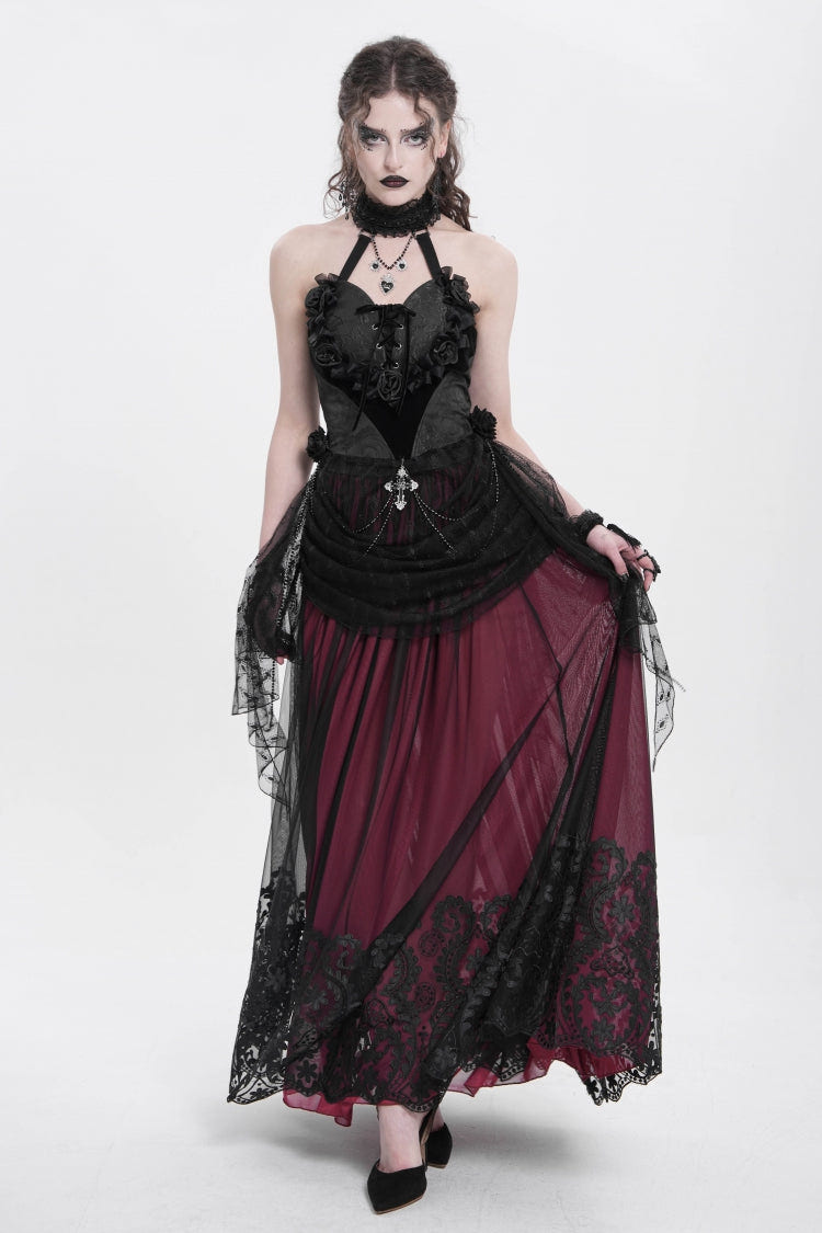 Black Halterneck Sleeveless Embroidery Stitching Rose Heart Lace Women's Gothic Blouse - Product - 9