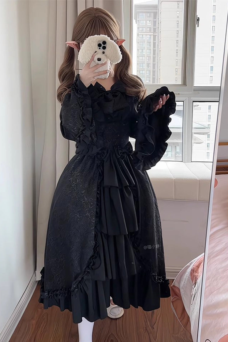 Black Long Hime Sleeves Multi-Layered Ruffle Cardigan Bowknot Gothic Plus Size Lolita Dress - Product - 5