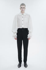 White Lapel Collar Puff Sleeved Lace Hem Men's Gothic Shirt - Product - 3