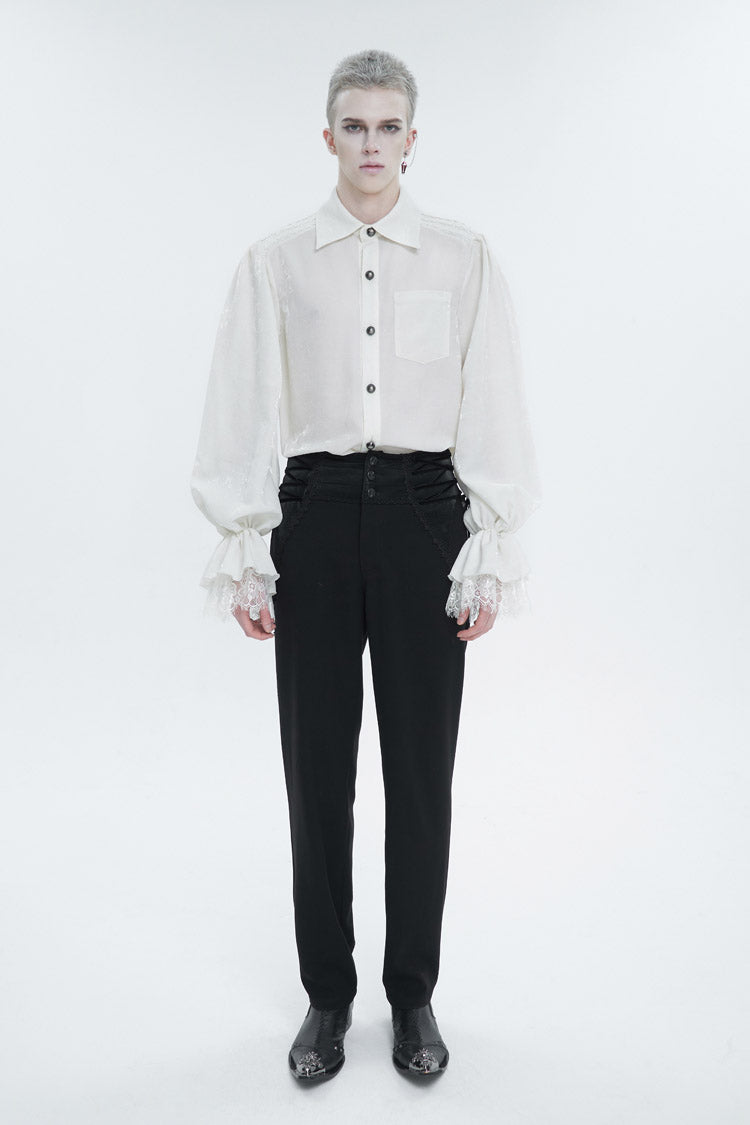 White Lapel Collar Puff Sleeved Lace Hem Men's Gothic Shirt - Product - 3