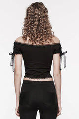 Black Off Shoulder Short Sleeves Hollow Bowknot Lace Women's Gothic Top - Product - 3