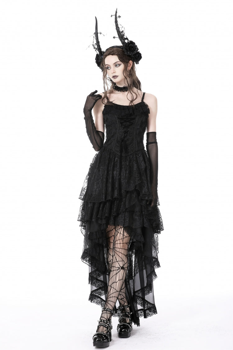 Black Sleeveless Irregular High Low Multi-Layered Lace Lace-Up Women's Gothic Slip Dress - Product - 2