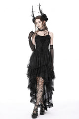 Black Sleeveless Irregular High Low Multi-Layered Lace Lace-Up Women's Gothic Slip Dress - Product - 2
