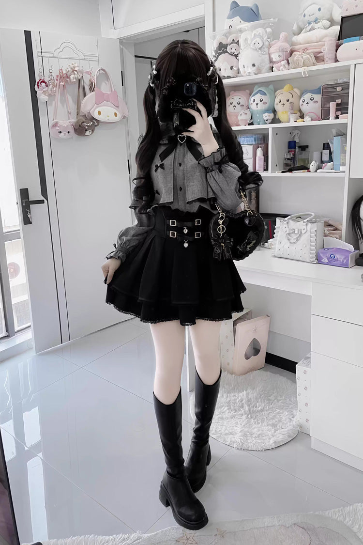 Black/Grey Long Sleeves Ruffled Belt Buckle Japanese Jirai Kei Set - Product - 4