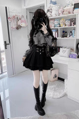 Black/Grey Long Sleeves Ruffled Belt Buckle Japanese Jirai Kei Set - Product - 4