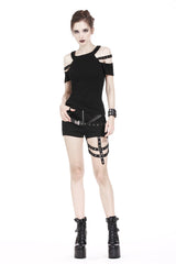 Black Off Shoulder Straps Short Sleeves Cut-Out Women's T-Shirt - Product - 7