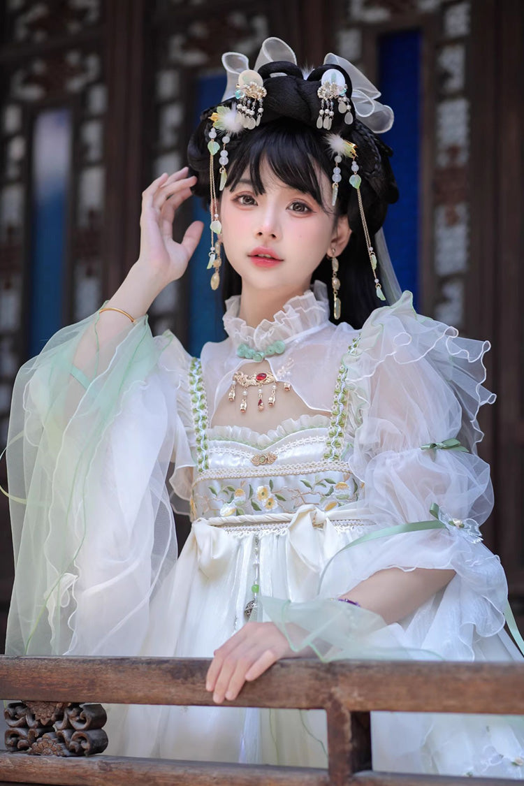 Ivory [Luo Ling Fu] Ruffle Embroidery Bowknot Lace Sweet Chinese Style Lolita Jsk Dress - Product - 5