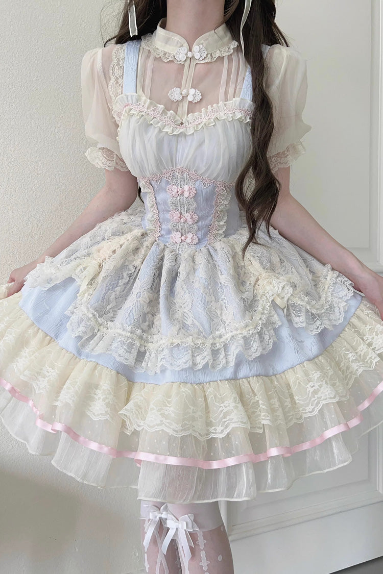 Flower Bud Halterneck Print Ruffle Lace Sweet Chinese Ballet Style Lolita Jsk Dress 3 Colors - Product - 5