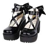 Black Patent Leather Cute Bowknot Lolita Round-toe High Heel Shoes - Black - 1