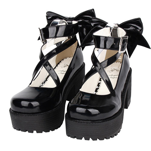 Black Patent Leather Cute Bowknot Lolita Round-toe High Heel Shoes - Black - 1
