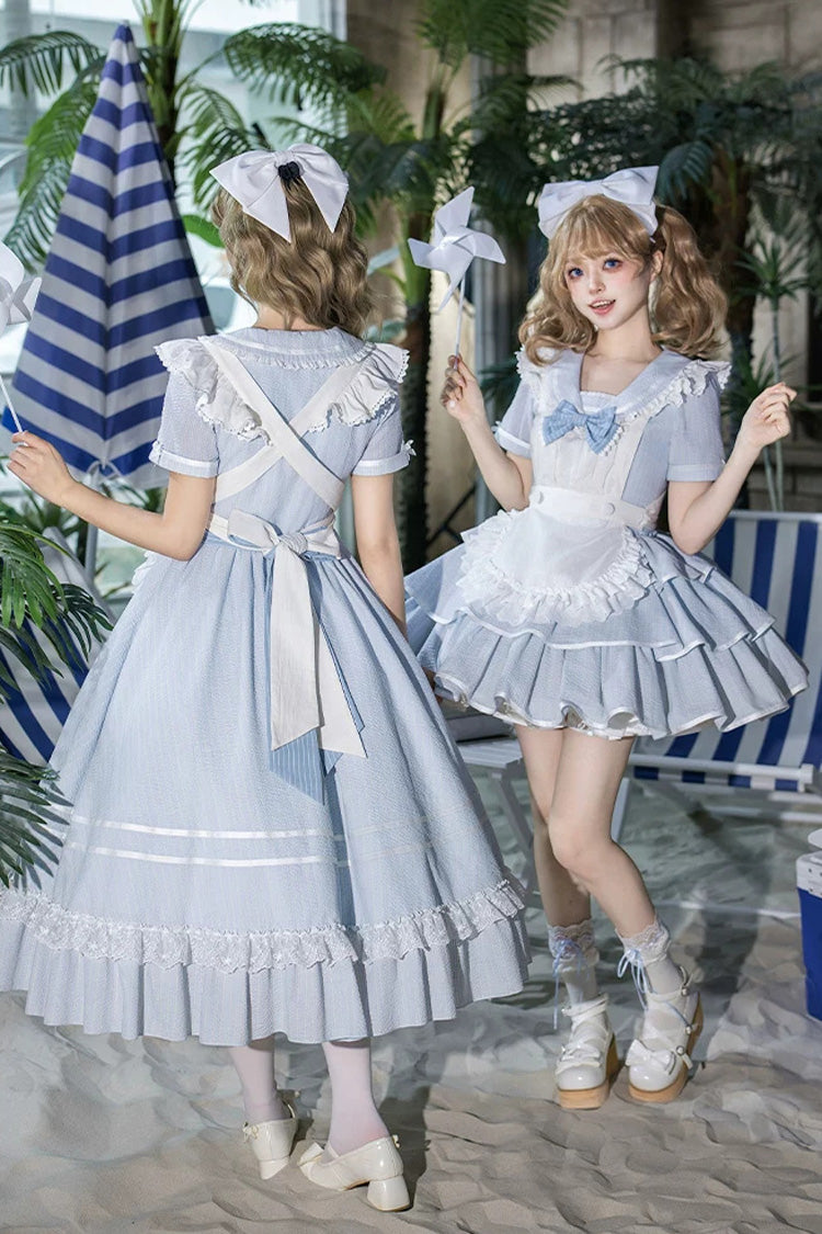 Blue [Seven Day Bell] Navy Collar Short Sleeves Printed Ruffled Bow Sweet Lolita Dress 2 Versions - Product - 22
