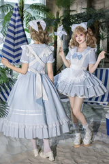 Blue [Seven Day Bell] Navy Collar Short Sleeves Printed Ruffled Bow Sweet Lolita Dress 2 Versions - Product - 22