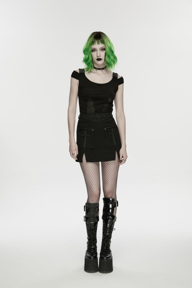 Black Embroidered Zippered Women's Punk Skull Embroidered Cool Big Pocket Skirt - Product - 9