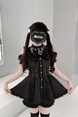 [Silver Candle Elegy”] Short Sleeves Printed Ruffled Cut-Out Bow Gothic Jirai Kei Top and Shorts Set 2 Colors - Product - 7