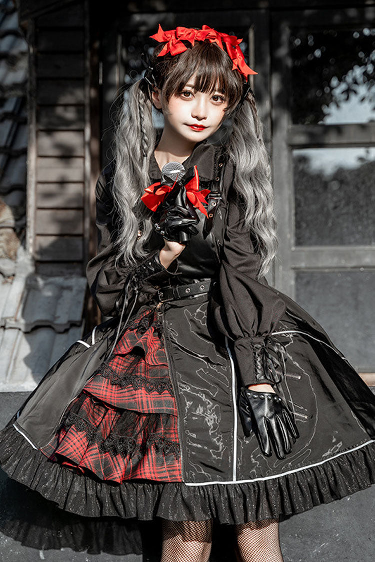 Black Stitching Zipper Cardigan Ruffled Multi-Layer Gothic Lolita Jsk Dress (Will shine at night) - Product - 5