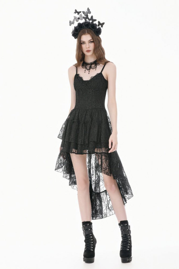 Black Women's Gothic Vintage Lace Multi-Layered Ruffled High-Low Slip Dress - Product - 7