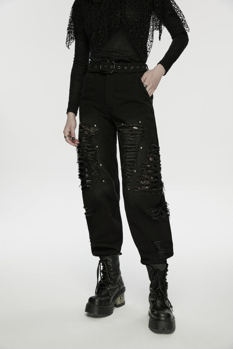 Black Ripped Zippered Eyelet Women's Punk Unedged Decadent Denim Pants - Product - 10