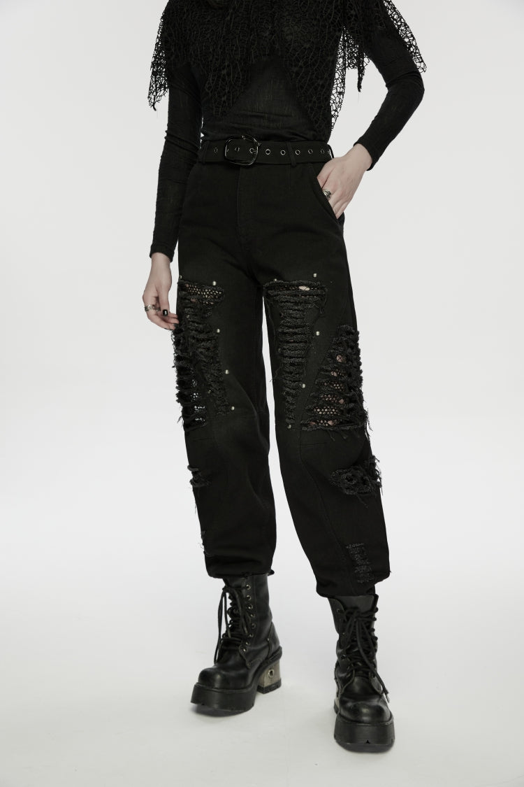 Black Ripped Zippered Eyelet Women's Punk Unedged Decadent Denim Pants - Product - 10