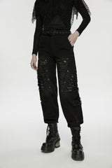 Black Ripped Zippered Eyelet Women's Punk Unedged Decadent Denim Pants - Product - 10