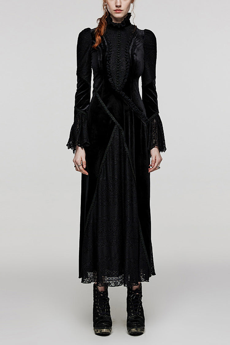 Black Stand Collar Long Trumpet Sleeves Stitching Lace Women's Gothic Dress - Black - 1