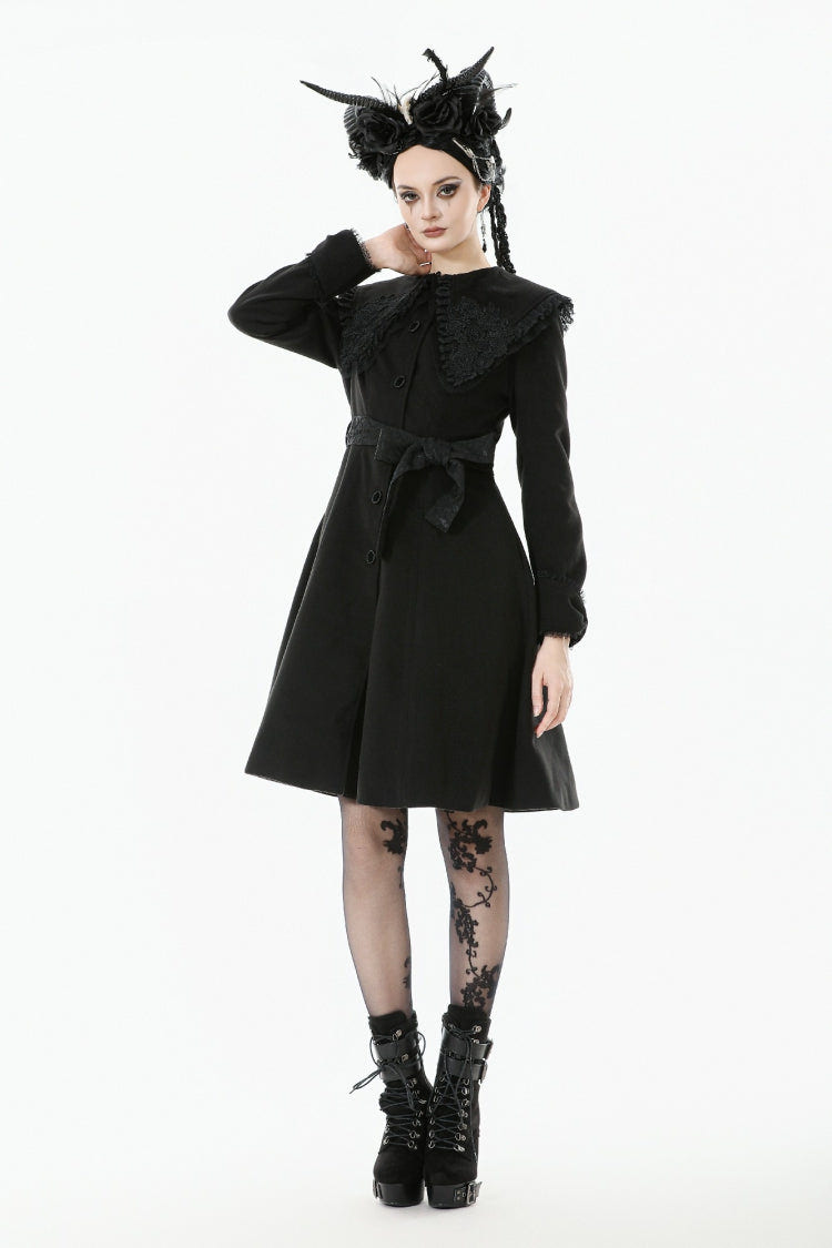 Black Floral Embroidered Peter Pan Collar Long Sleeves Bowknot Women's Gothic Coat - Product - 8