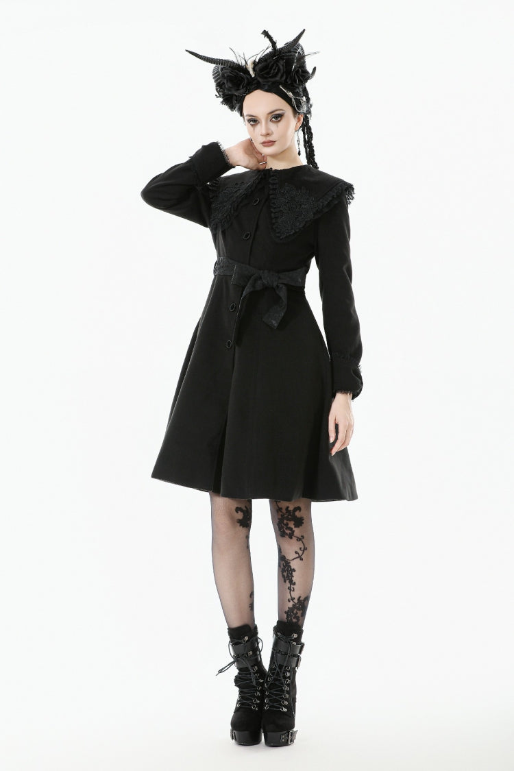 Black Floral Embroidered Peter Pan Collar Long Sleeves Bowknot Women's Gothic Coat - Product - 8