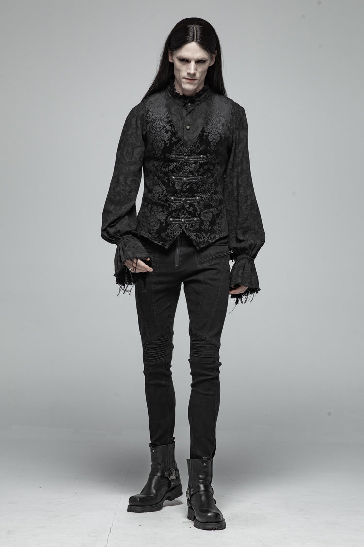 Black Retro Jacquard Front Woven Strap Metal Button Men's Gothic Vest - Product - 5