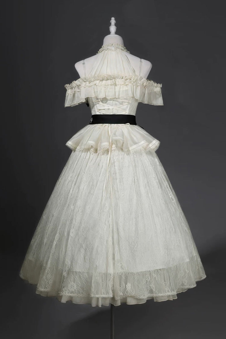 White [Glass Flower House] Halterneck Ruffled Embroidered Bow Classic Lolita Jsk Dress - Product - 3