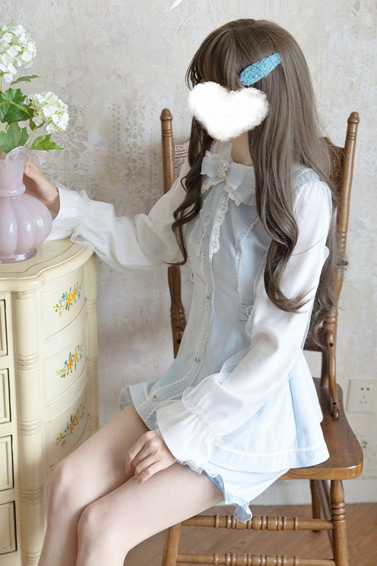 Blue Long Sleeves Ruffle Bowknot Lace Sweet Jirai Kei Dress Set - Product - 4
