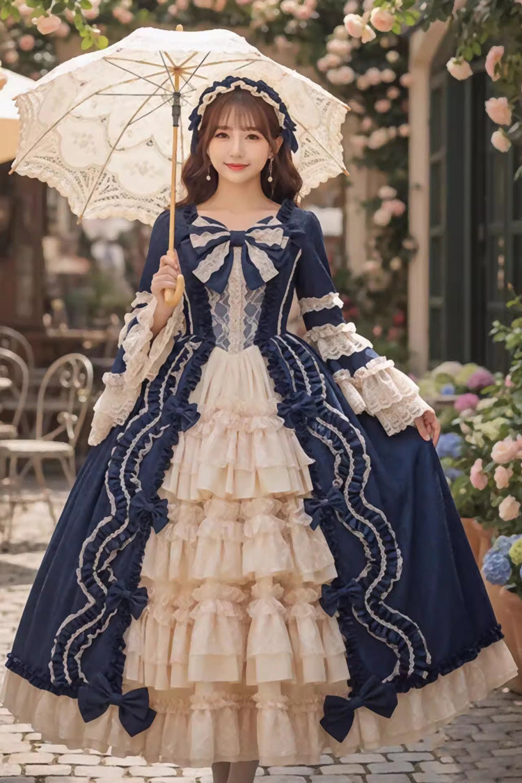 Sweet Long Sleeves Multi-Layered Ruffled Open-Front Bow Lace Princess Lolita Victorian Dress 5 Colors - Dark-Blue - 1