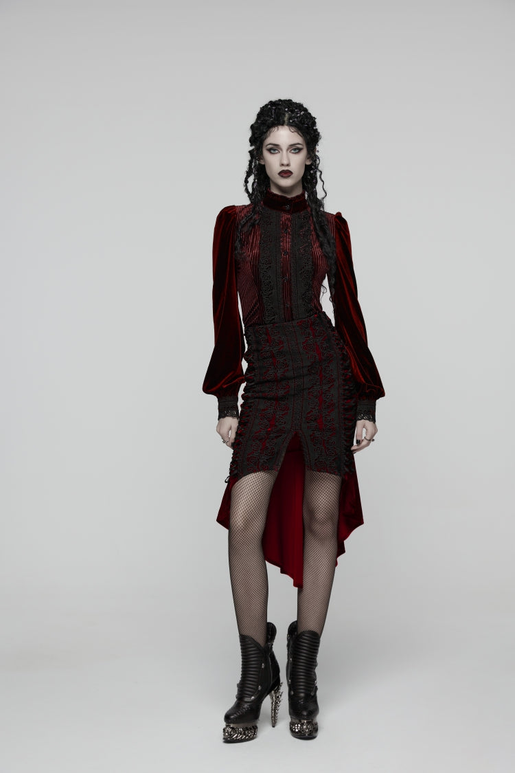 Red Embroidered Floral Embroidered Irregular Women's Gothic Fishtail  Skirt - Product - 1