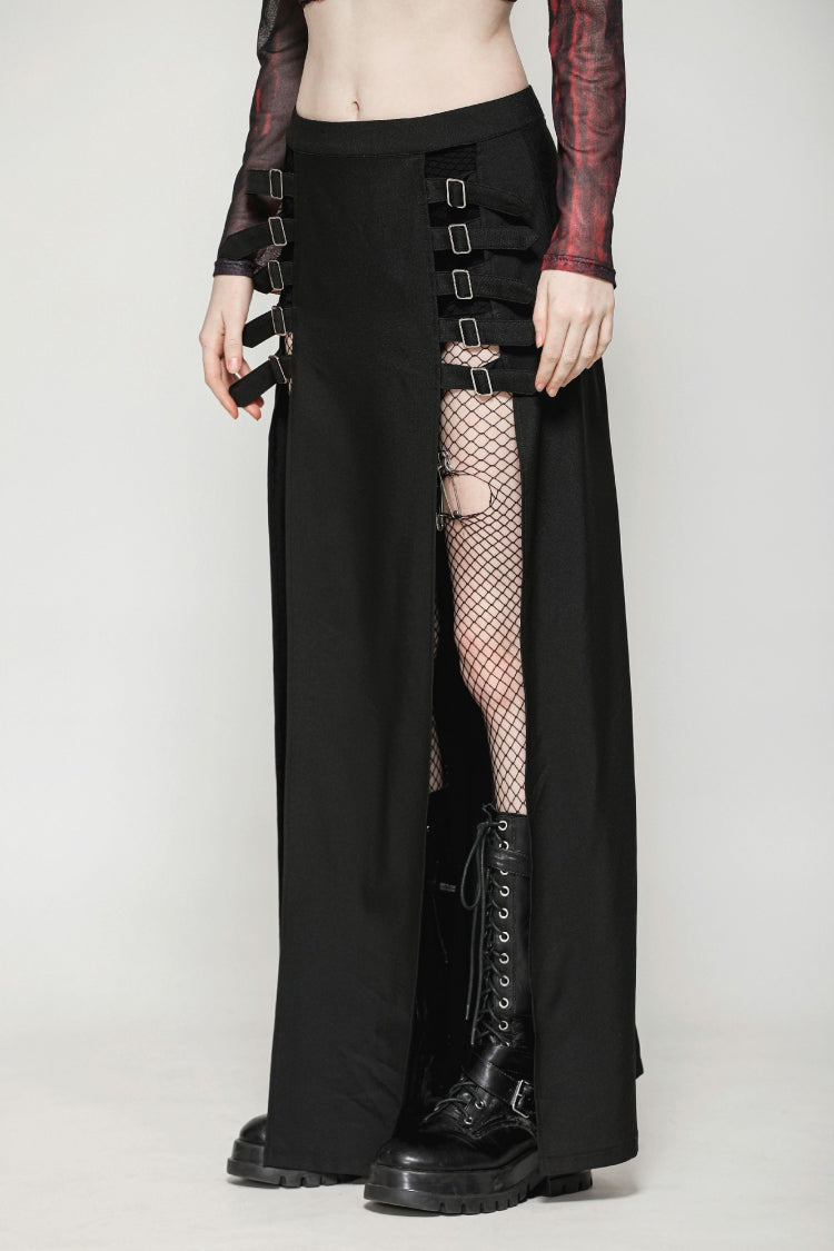 Black Buckled Zippered Women's Punk Side Slit Long Skirt - Product - 6